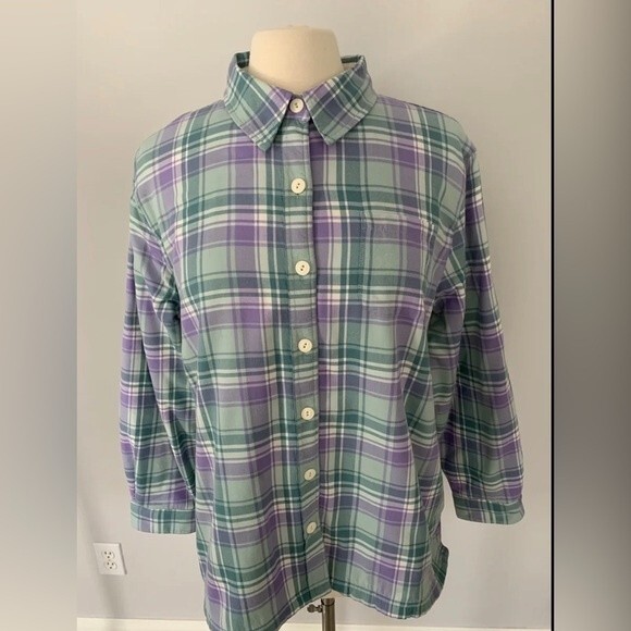 Women’s Petite L.L Bean purple and green fleece lined flannel jacket winter - Picture 1 of 8